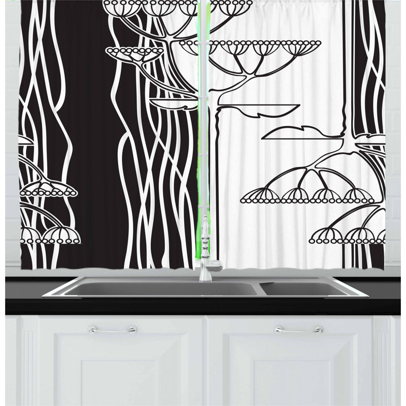 East Urban Home 55'' Kitchen Curtain in Black/White | Wayfair